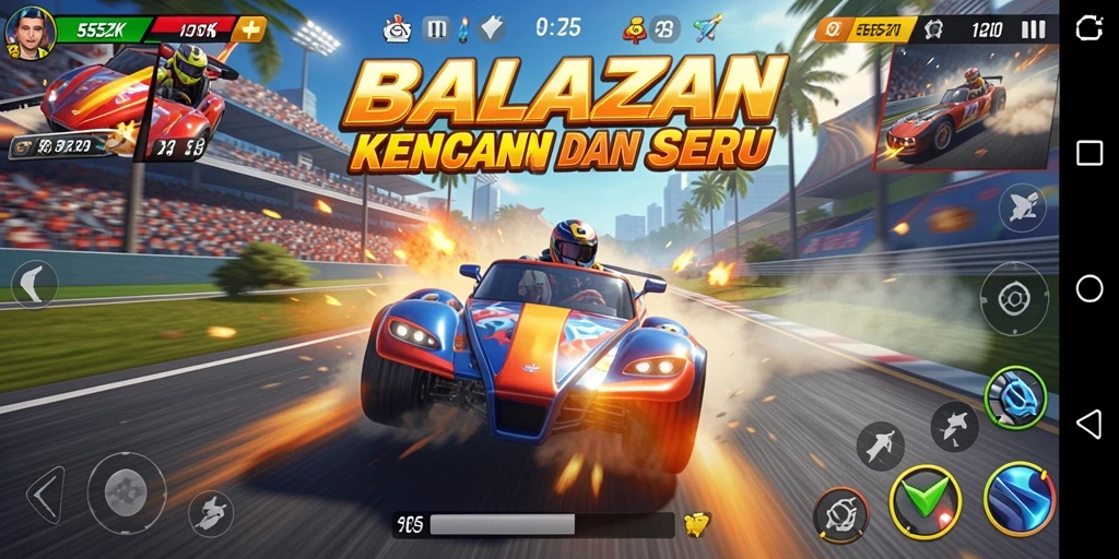 Tangkapan layar gameplay 555ZK yang menampilkan aksi balapan seru.