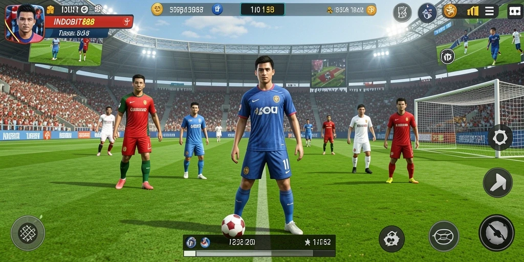 Screenshot utama INDOBIT88 menampilkan aksi seru dalam pertandingan sepak bola.