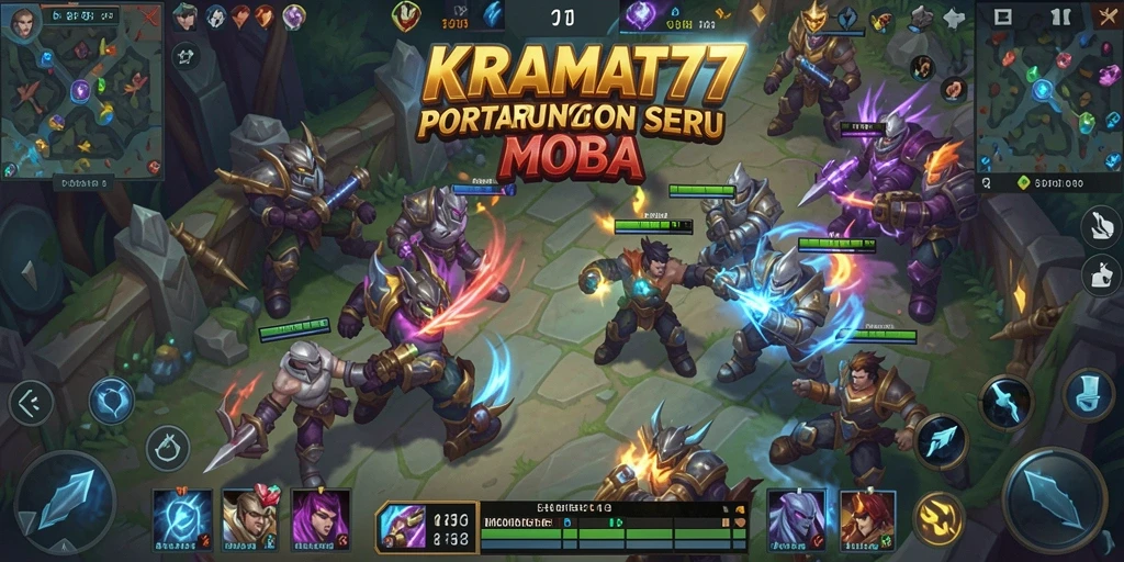 Tangkapan layar gameplay KRAMAT77 yang menampilkan pertarungan MOBA yang intens.